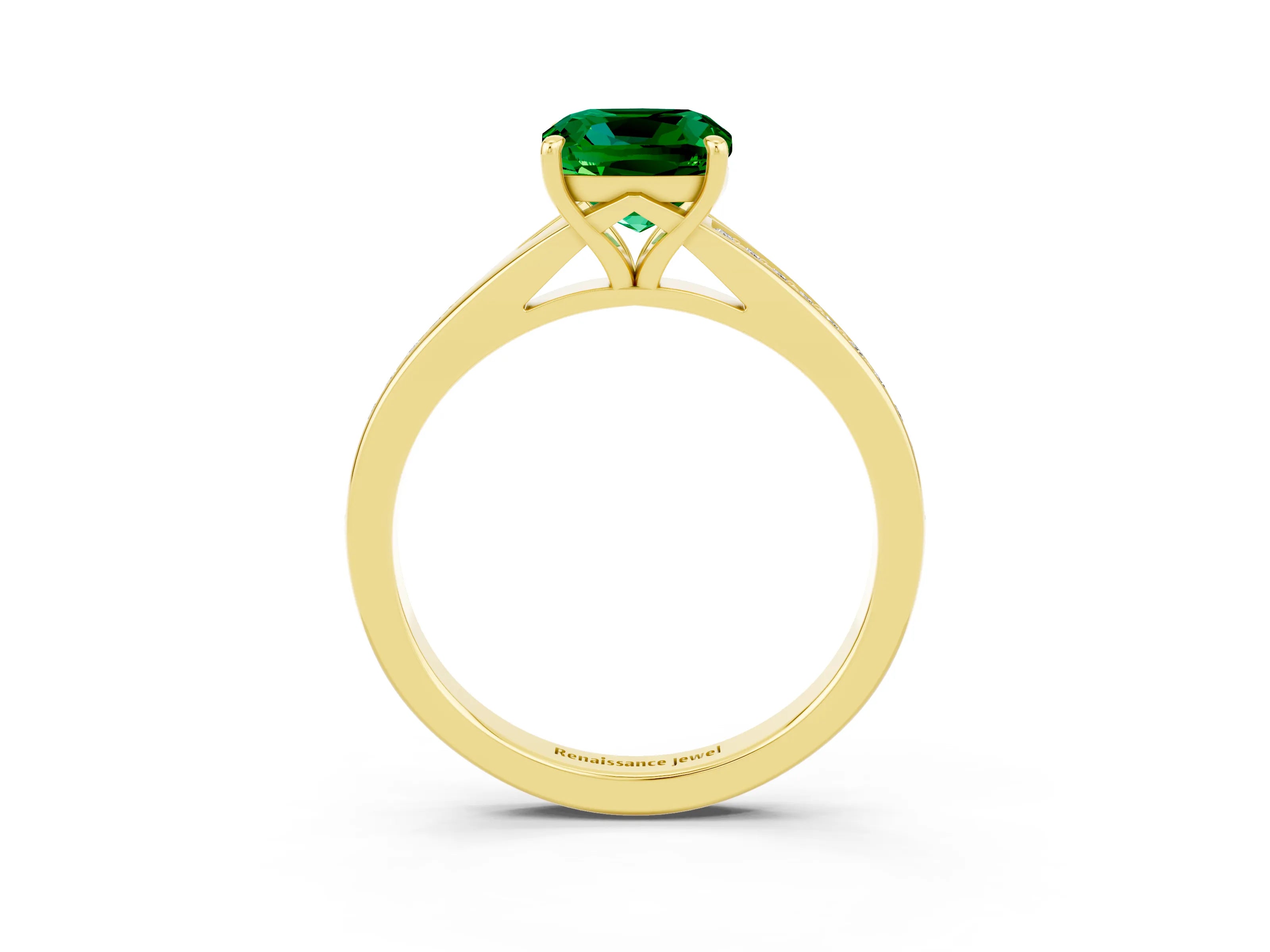 Yellow gold Cushion Cut Emerald Solitaire Ring with Pavé Band and Prong Setting_3