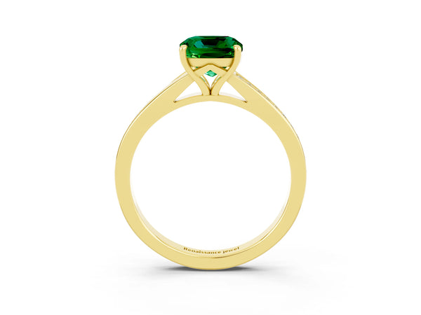 Yellow gold Cushion Cut Emerald Solitaire Ring with Pavé Band and Prong Setting