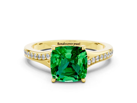 Yellow gold Cushion Cut Emerald Solitaire Ring with Pavé Band and Prong Setting