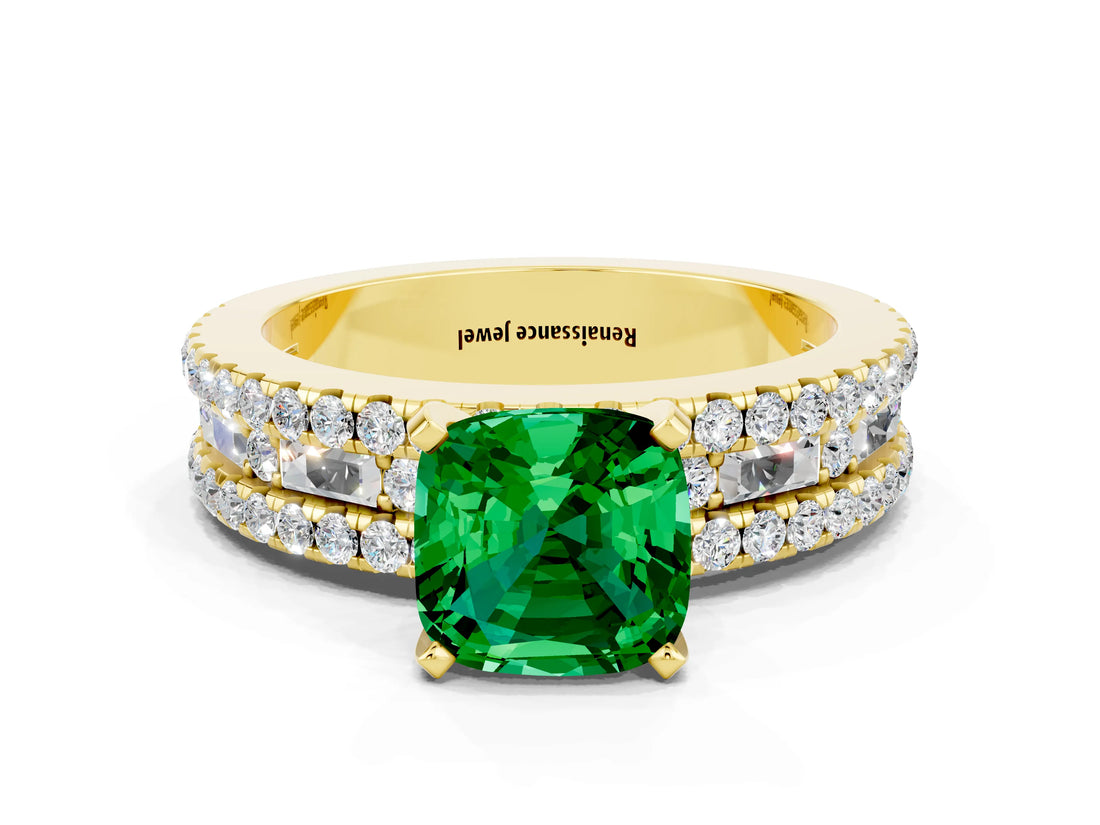 Yellow gold Cushion Cut Emerald Solitaire Ring with Pavé and Channel Set Band