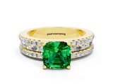 Yellow gold Cushion Cut Emerald Solitaire Ring with Pavé and Channel Set Band
