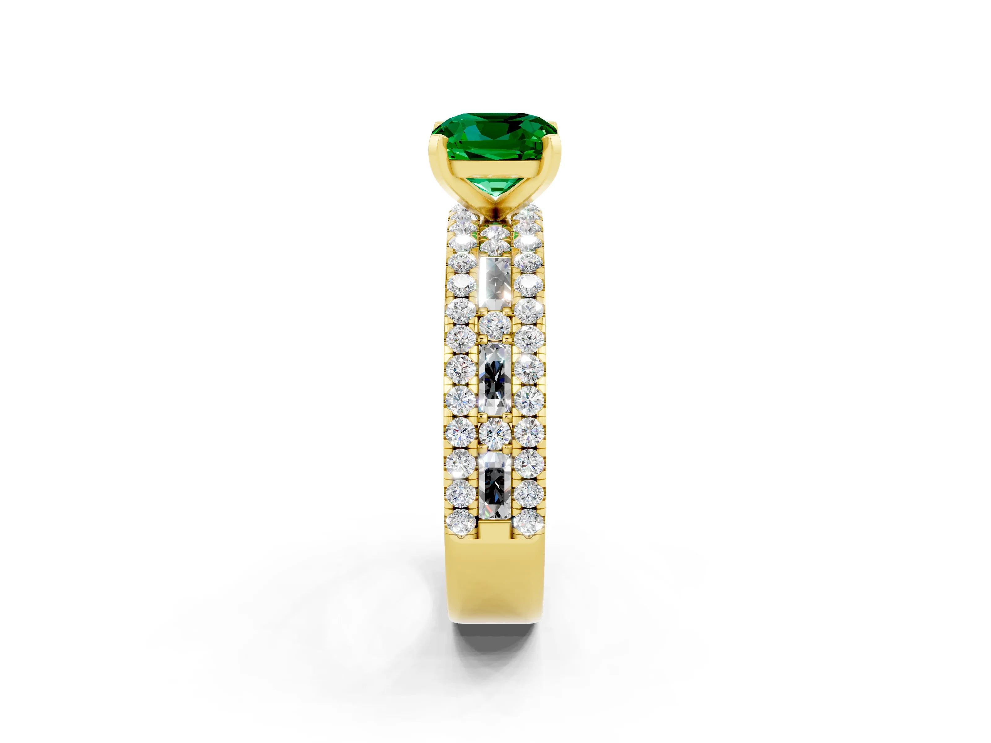 Yellow gold Cushion Cut Emerald Solitaire Ring with Pavé and Channel Set Band_2