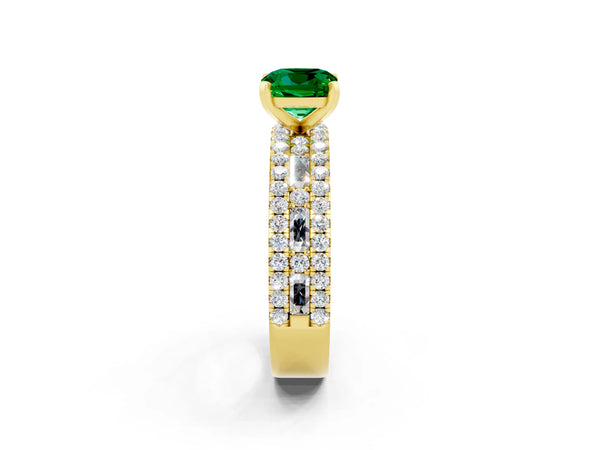 Yellow gold Cushion Cut Emerald Solitaire Ring with Pavé and Channel Set Band