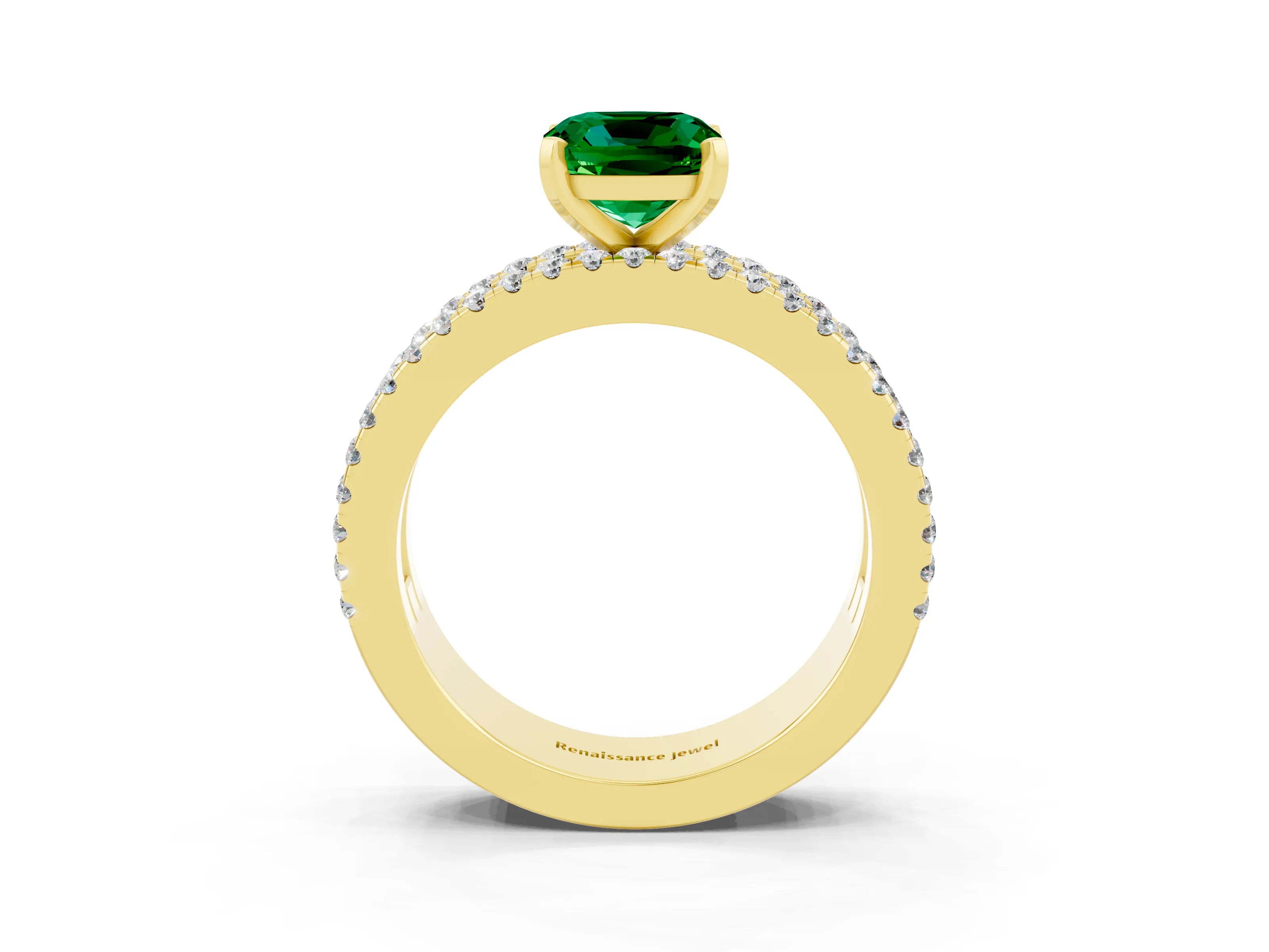 Yellow gold Cushion Cut Emerald Solitaire Ring with Pavé and Channel Set Band_3