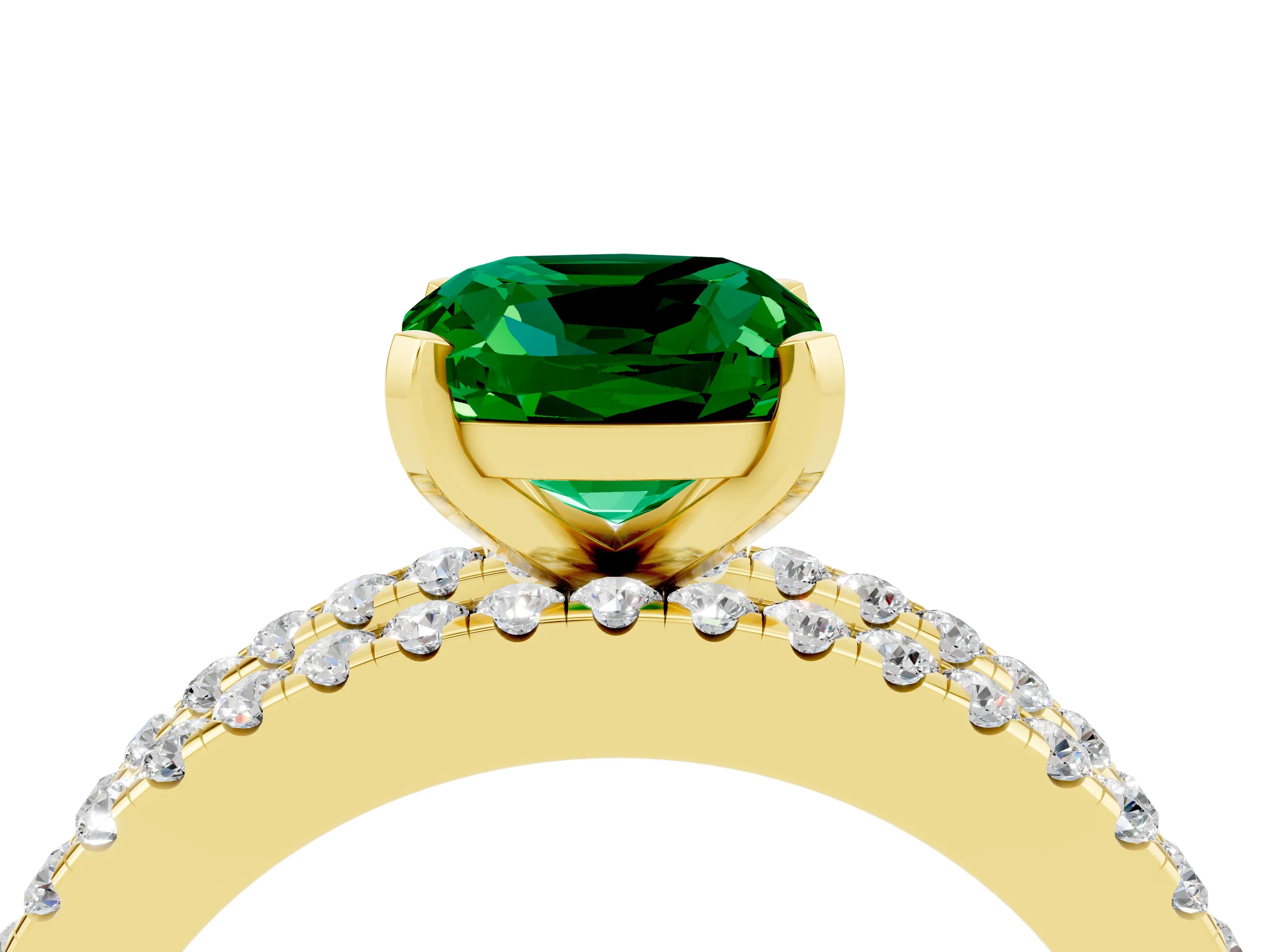 Yellow gold Cushion Cut Emerald Solitaire Ring with Pavé and Channel Set Band_4
