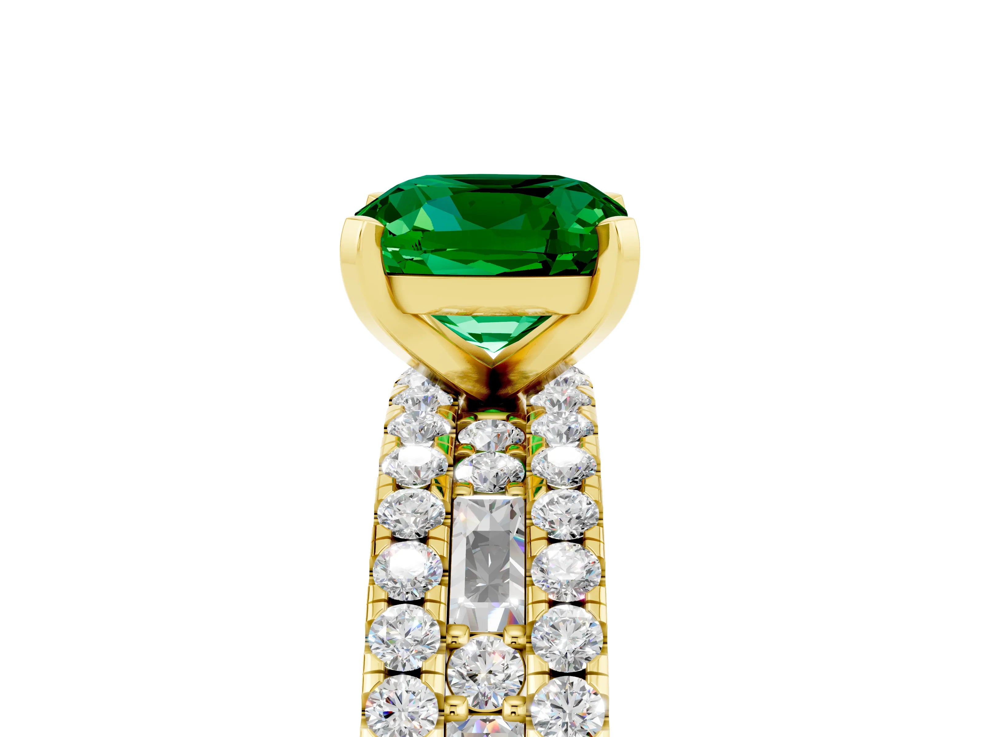 Yellow gold Cushion Cut Emerald Solitaire Ring with Pavé and Channel Set Band_5