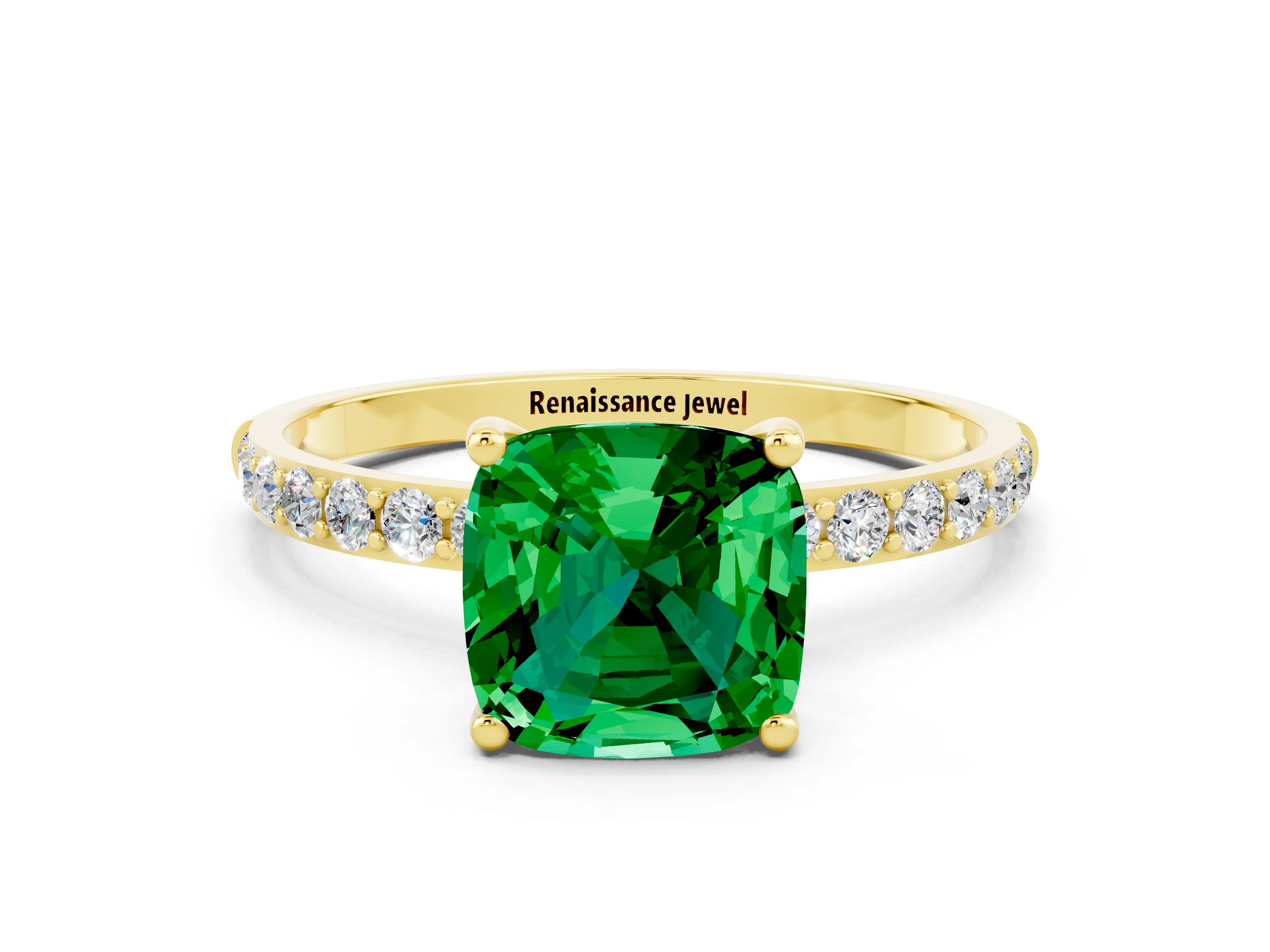 Yellow gold Cushion Cut Emerald Solitaire Ring with Pave Band and Four Prong Setting_24