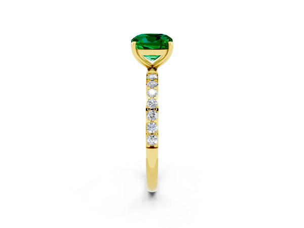 Yellow gold Cushion Cut Emerald Solitaire Ring with Round  Pavé Band and Prong Setting