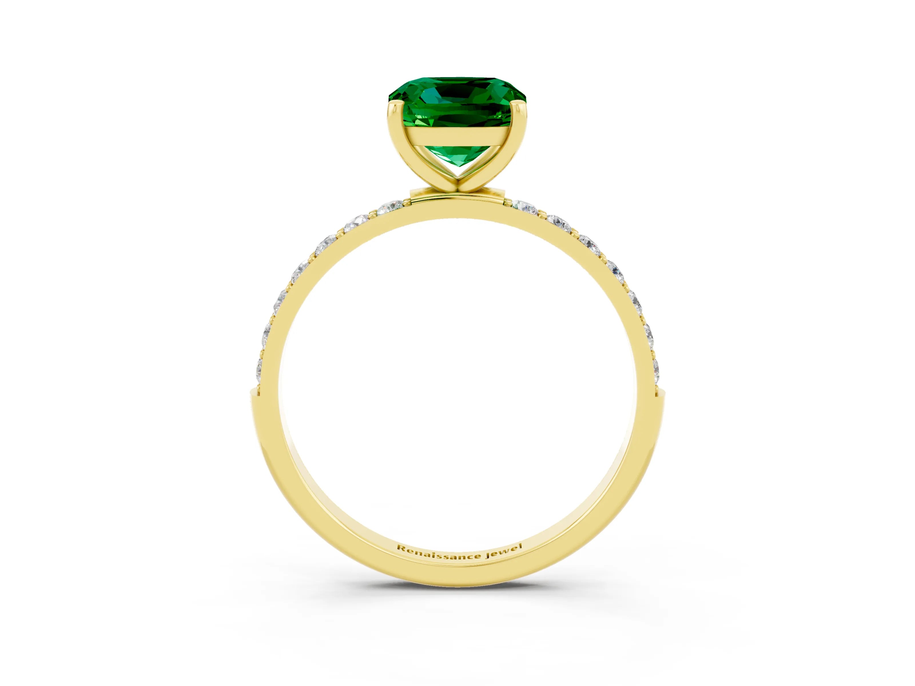 Yellow gold Cushion Cut Emerald Solitaire Ring with Pave Band and Four Prong Setting_27