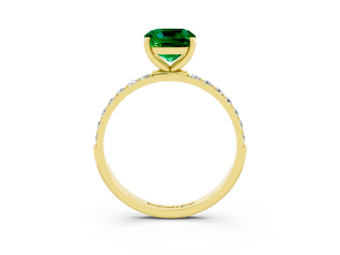 Yellow gold Cushion Cut Emerald Solitaire Ring with Pave Band and Four Prong Setting_27