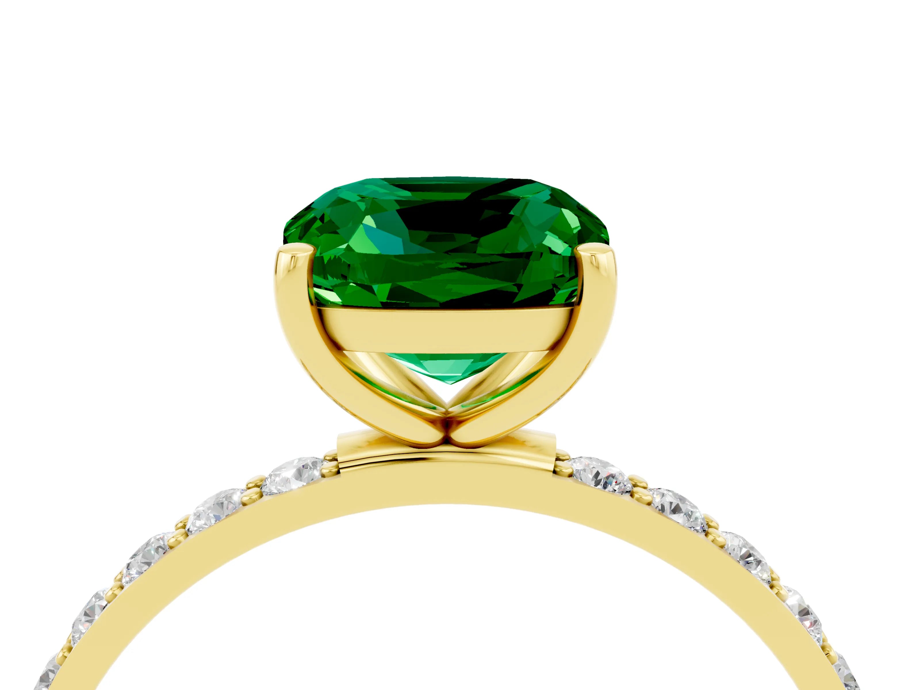 Yellow gold Cushion Cut Emerald Solitaire Ring with Pave Band and Four Prong Setting_28