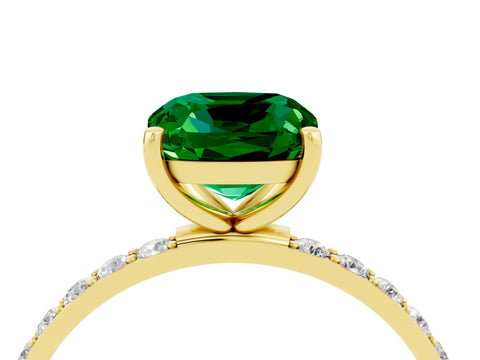 Yellow gold Cushion Cut Emerald Solitaire Ring with Pave Band and Four Prong Setting_28