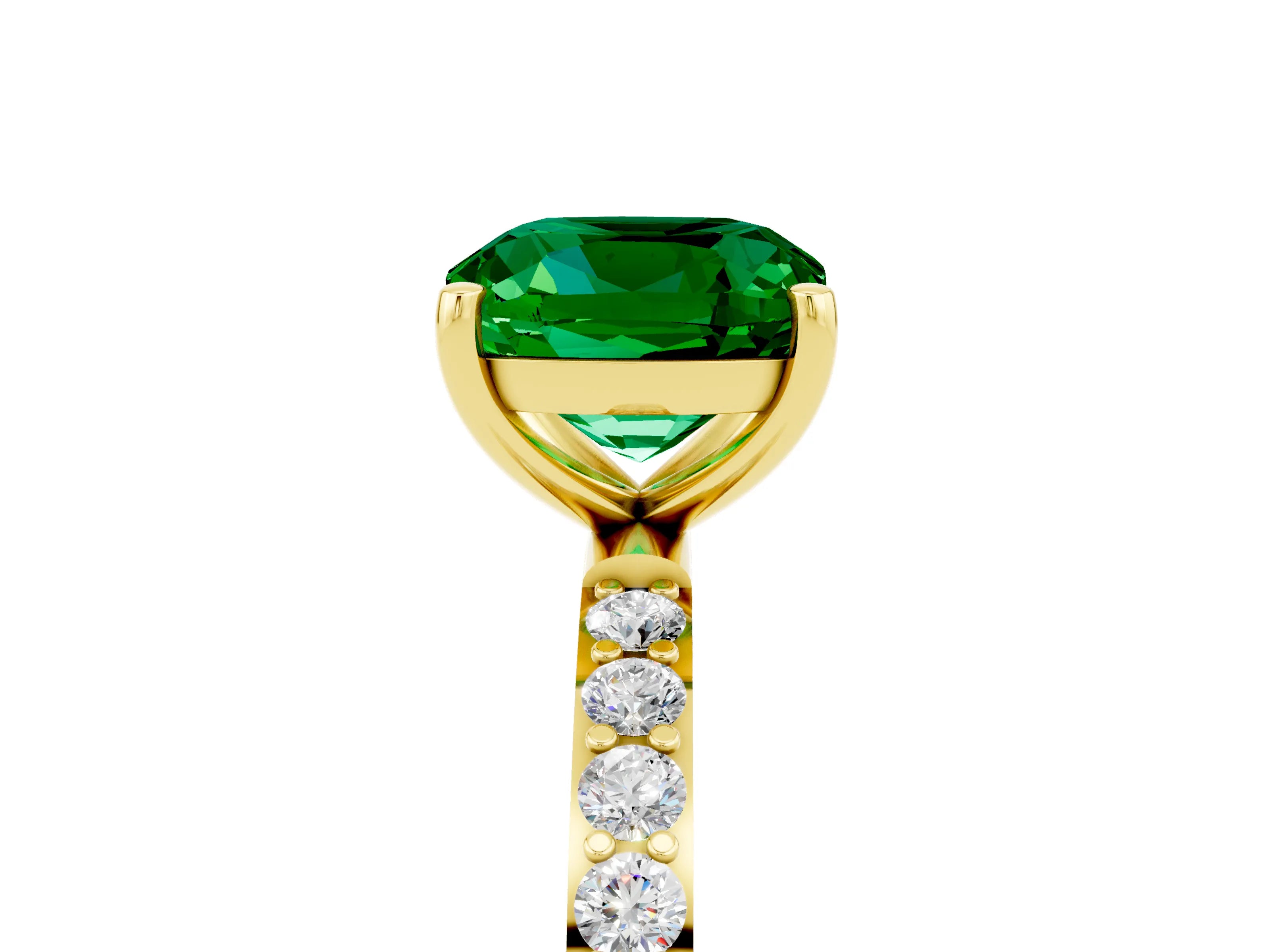 Yellow gold Cushion Cut Emerald Solitaire Ring with Pave Band and Four Prong Setting_29