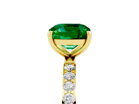 Yellow gold Cushion Cut Emerald Solitaire Ring with Pave Band and Four Prong Setting_29