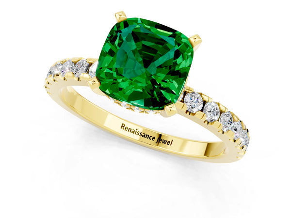 Yellow gold Cushion Cut Emerald Solitaire Ring with Round  Pavé Band and Four-Prong Setting