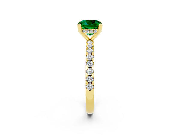 Yellow gold Cushion Cut Emerald Solitaire Ring with Round  Pavé Band and Four-Prong Setting