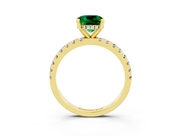 Yellow gold Cushion Cut Emerald Solitaire Ring with Round  Pavé Band and Four-Prong Setting