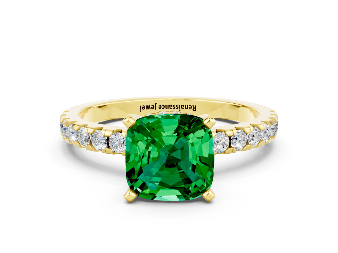 Yellow gold Cushion Cut Emerald Solitaire Ring with Round  Pavé Band and Four-Prong Setting_36
