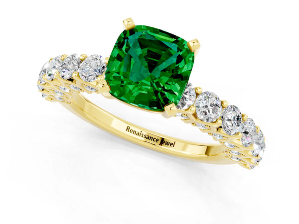 Yellow gold Cushion Cut Emerald Solitaire Ring with Shared Prong Pavé Band and Four-Prong Setting
