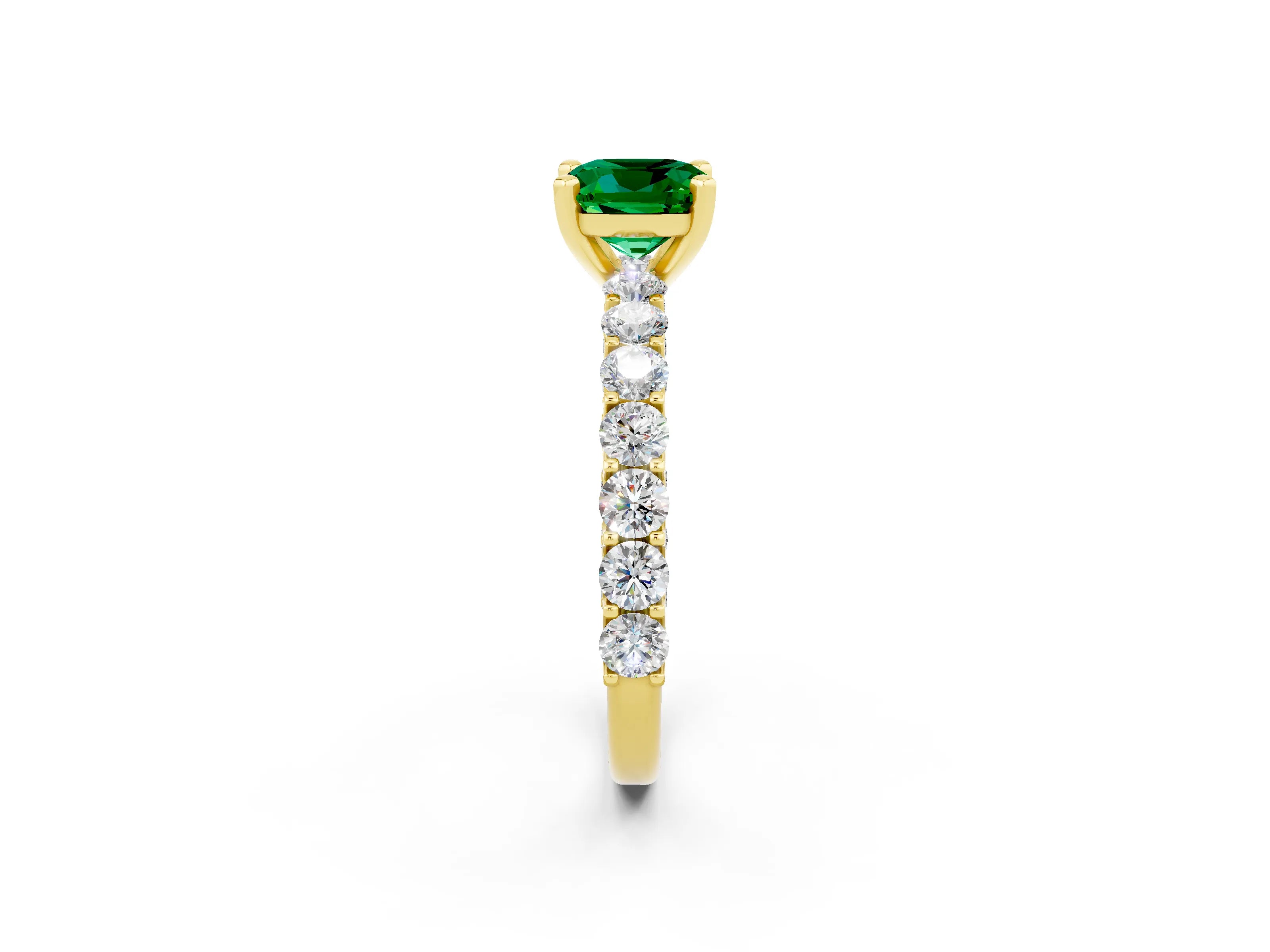Yellow gold Cushion Cut Emerald Solitaire Ring with Shared Prong Pavé Band and Four-Prong Setting_2