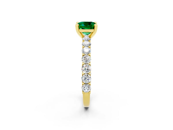 Yellow gold Cushion Cut Emerald Solitaire Ring with Shared Prong Pavé Band and Four-Prong Setting