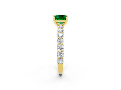 Yellow gold Cushion Cut Emerald Solitaire Ring with Shared Prong Pavé Band and Four-Prong Setting_2