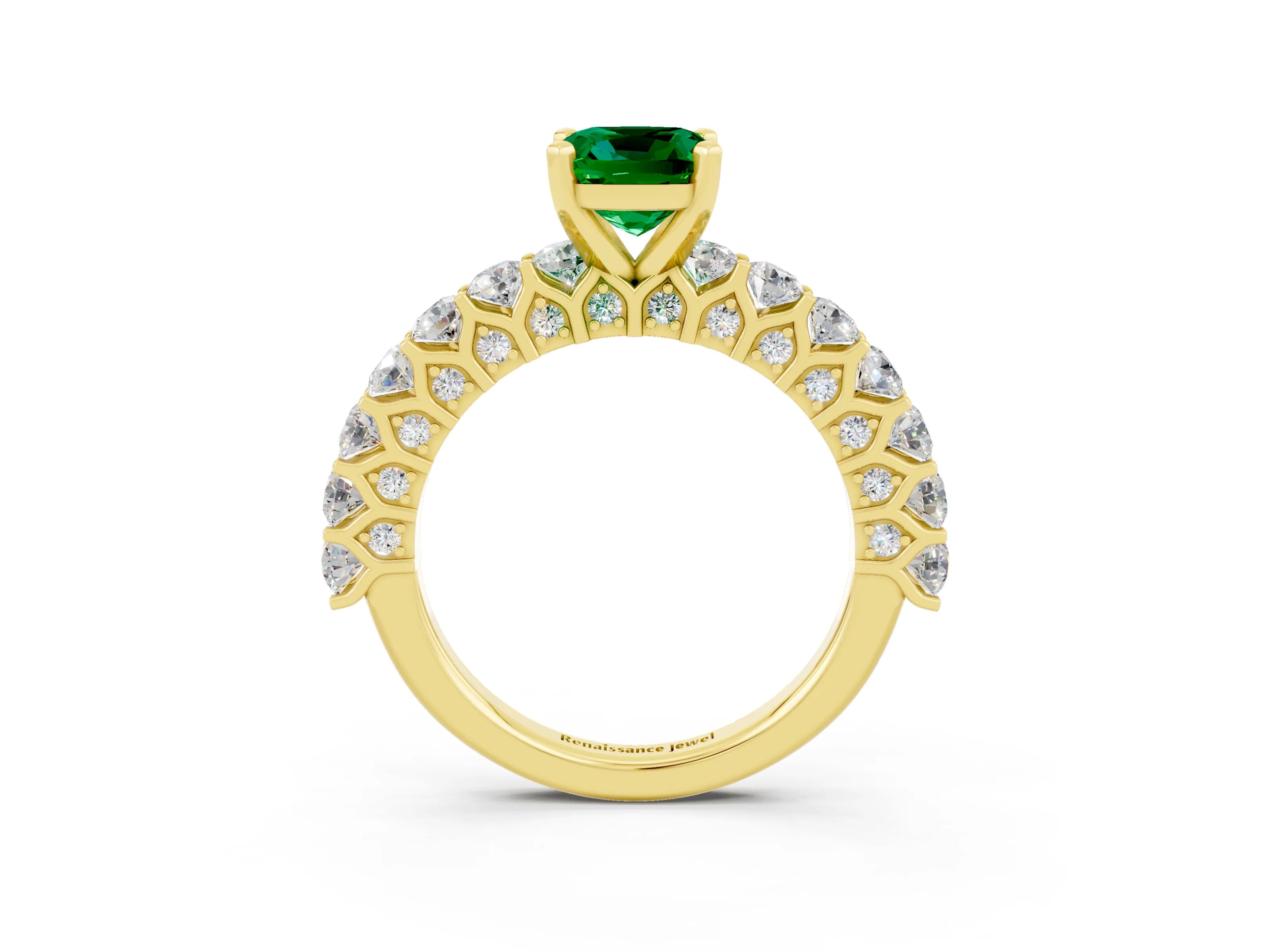 Yellow gold Cushion Cut Emerald Solitaire Ring with Shared Prong Pavé Band and Four-Prong Setting_3
