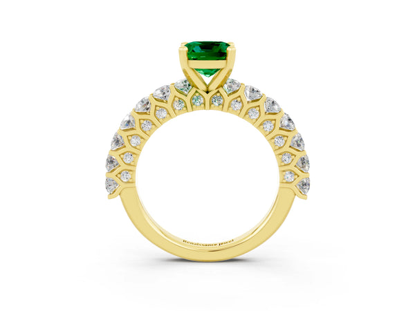 Yellow gold Cushion Cut Emerald Solitaire Ring with Shared Prong Pavé Band and Four-Prong Setting