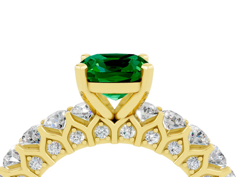 Yellow gold Cushion Cut Emerald Solitaire Ring with Shared Prong Pavé Band and Four-Prong Setting_4