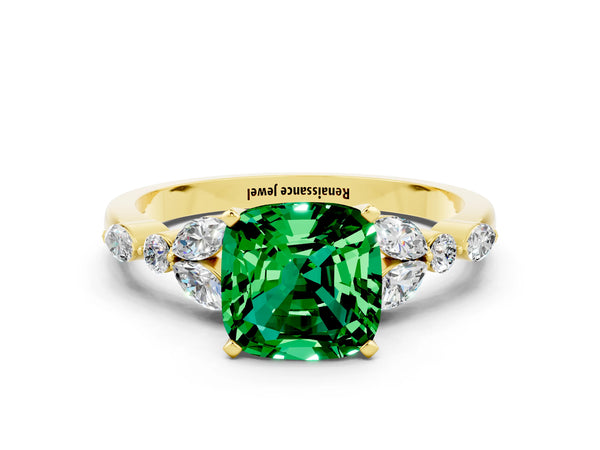 Yellow gold Cushion Cut Emerald Solitaire Ring with Side Stones and Four-Prong Setting