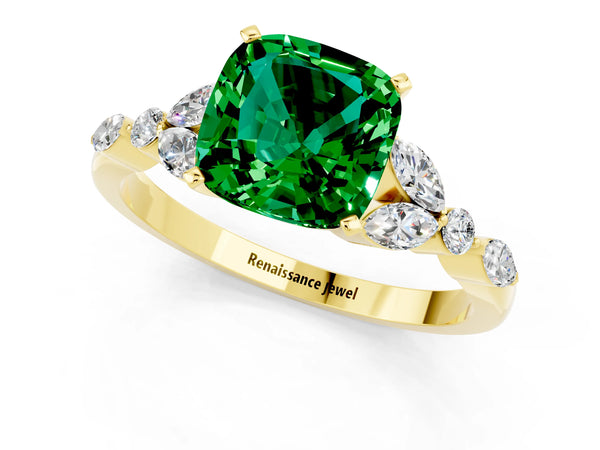 Yellow gold Cushion Cut Emerald Solitaire Ring with Side Stones and Four-Prong Setting