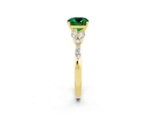 Yellow gold Cushion Cut Emerald Solitaire Ring with Side Stones and Four-Prong Setting