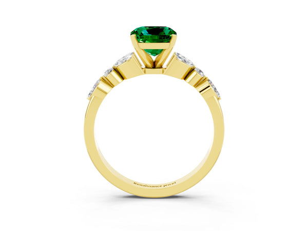 Yellow gold Cushion Cut Emerald Solitaire Ring with Side Stones and Four-Prong Setting