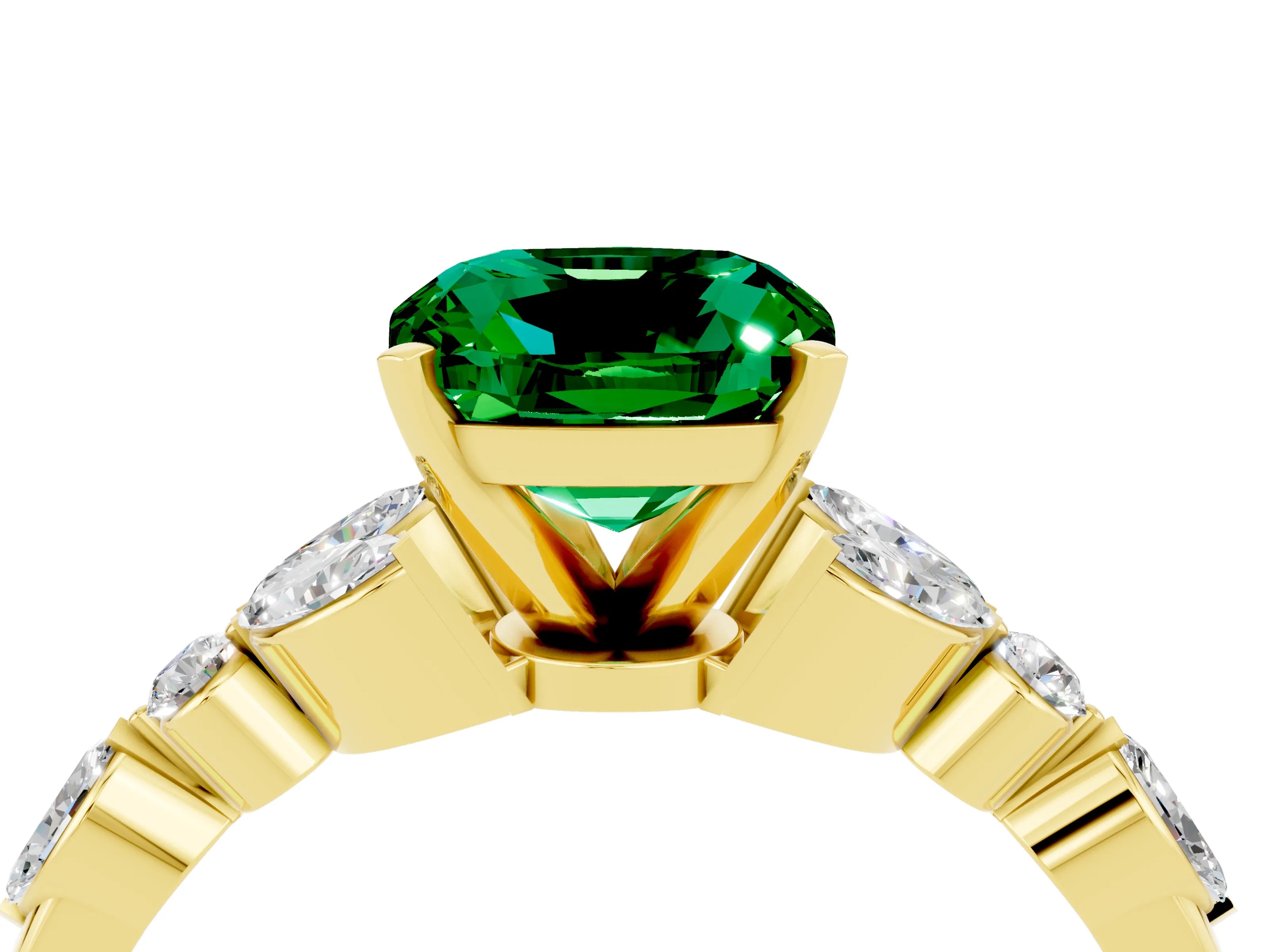 Yellow gold Cushion Cut Emerald Solitaire Ring with Side Stones and Four-Prong Setting_16