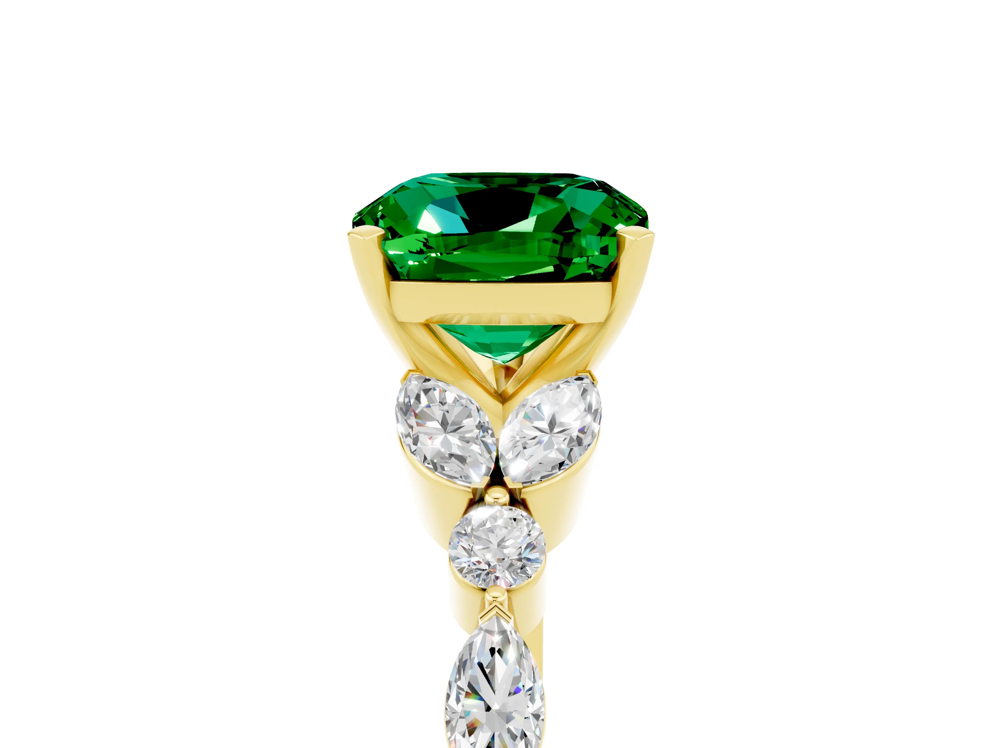 Yellow gold Cushion Cut Emerald Solitaire Ring with Side Stones and Four-Prong Setting_17