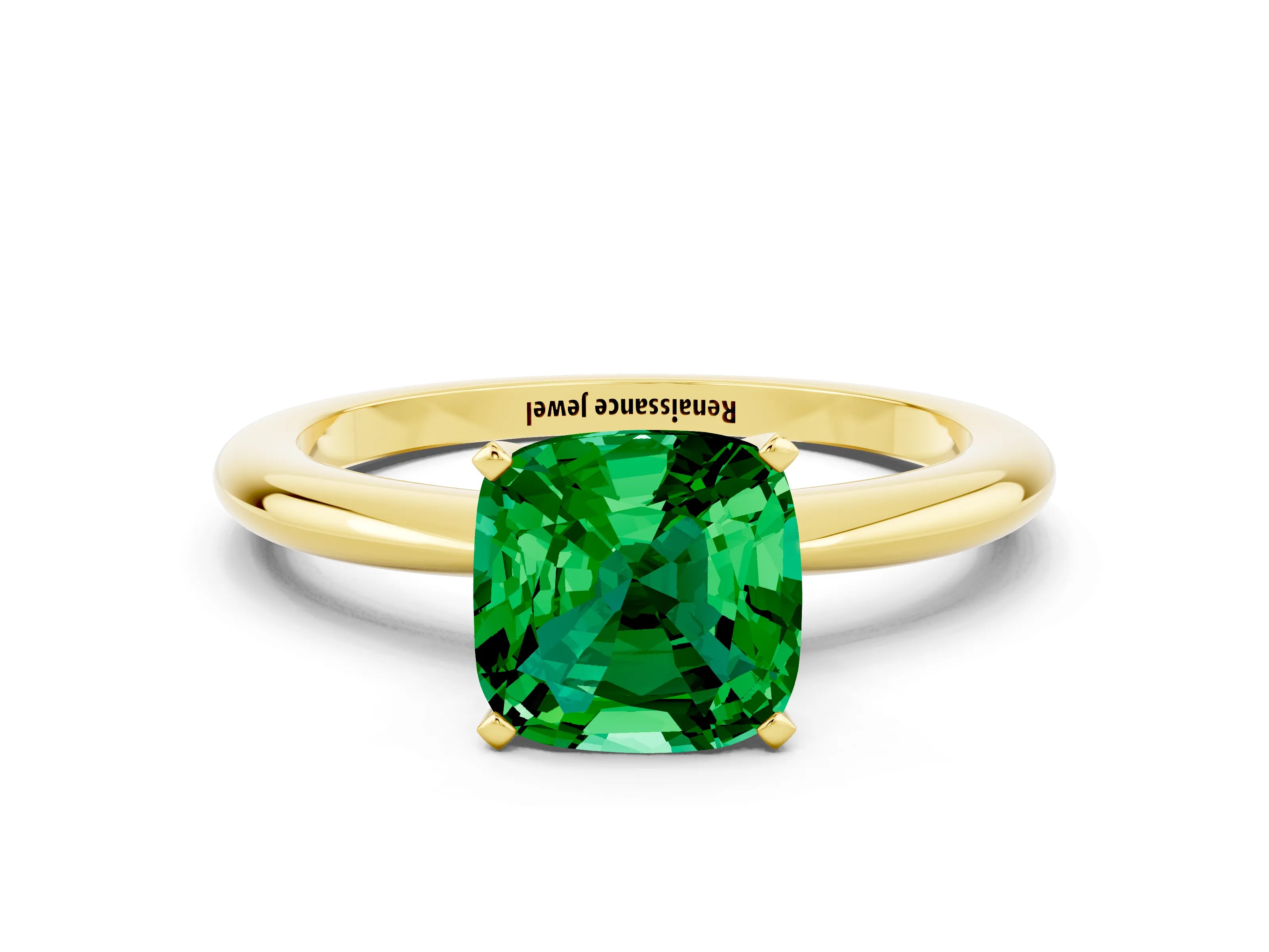Yellow gold Cushion Cut Emerald Solitaire Ring with Six-Prong Setting and Classic Band