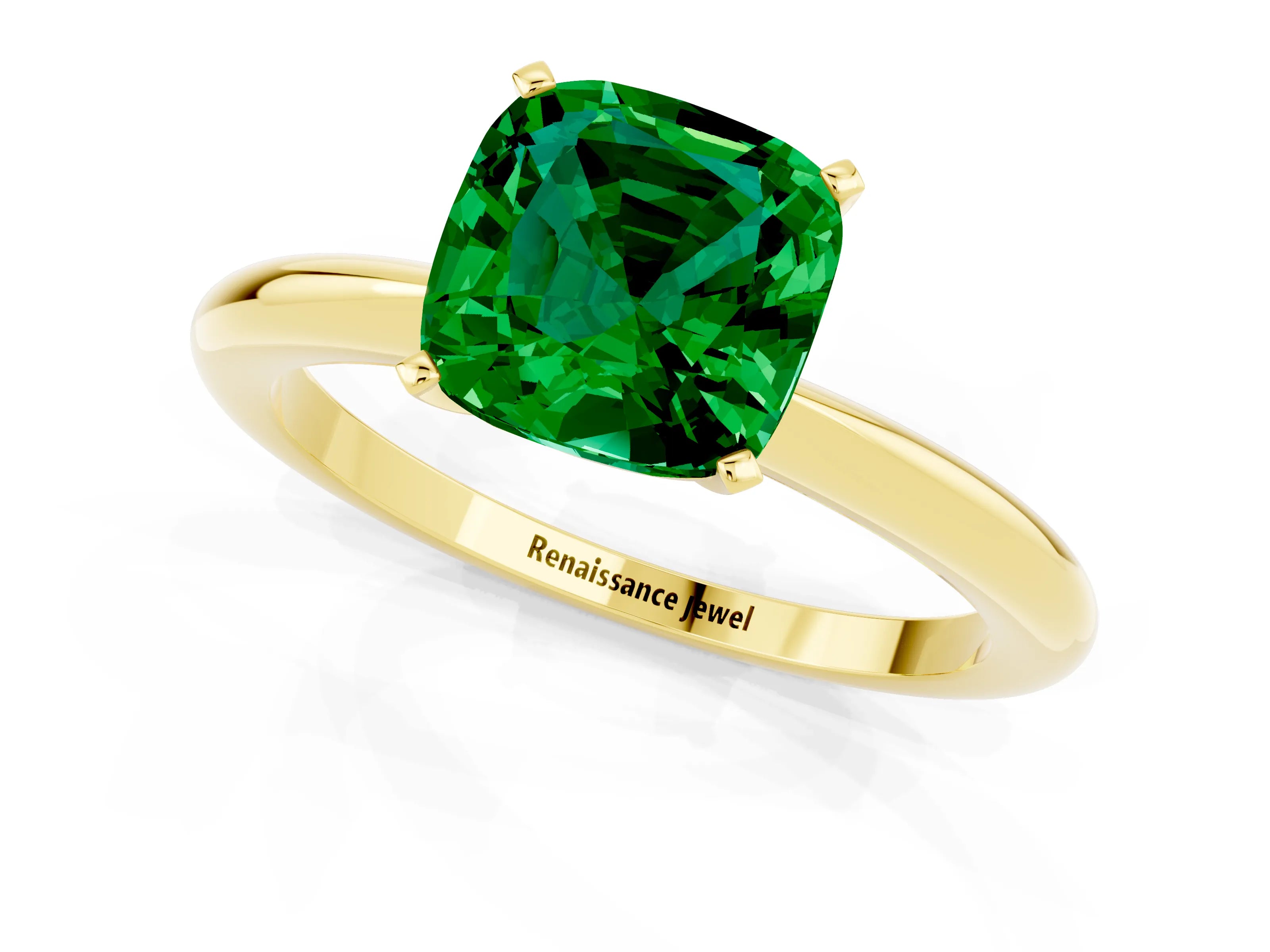 Yellow gold Cushion Cut Emerald Solitaire Ring with Six-Prong Setting and Classic Band_1