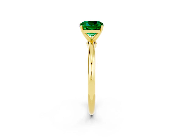 Yellow gold Cushion Cut Emerald Solitaire Ring with Six-Prong Setting and Classic Band