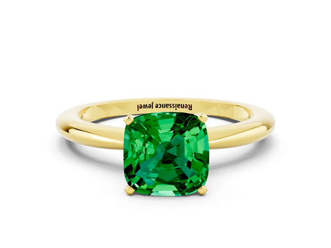 Yellow gold Cushion Cut Emerald Solitaire Ring with Six-Prong Setting and Classic Band