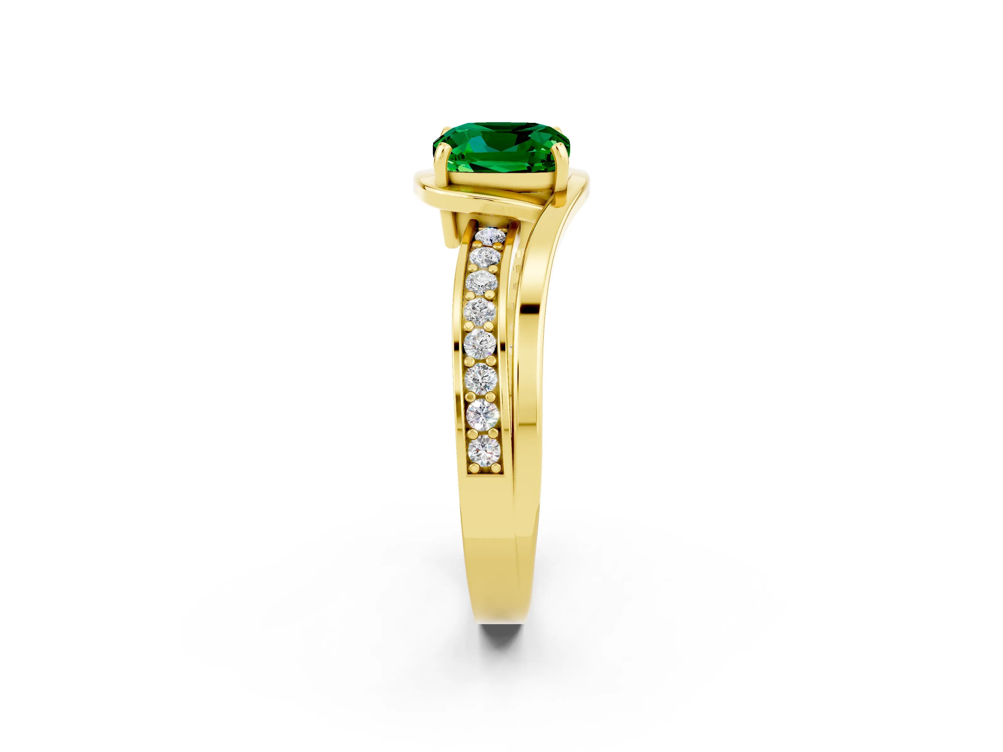 Yellow gold Cushion Cut Emerald Solitaire Ring with Split Shank and Prong Setting_2