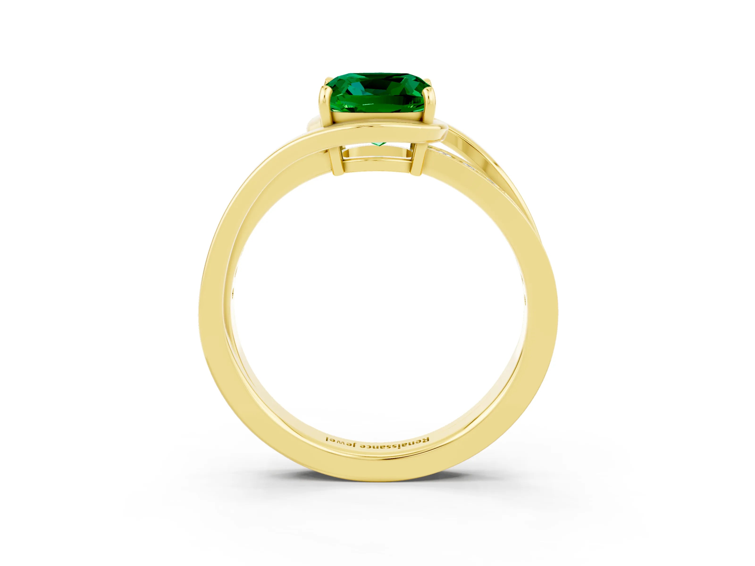 Yellow gold Cushion Cut Emerald Solitaire Ring with Split Shank and Prong Setting_3