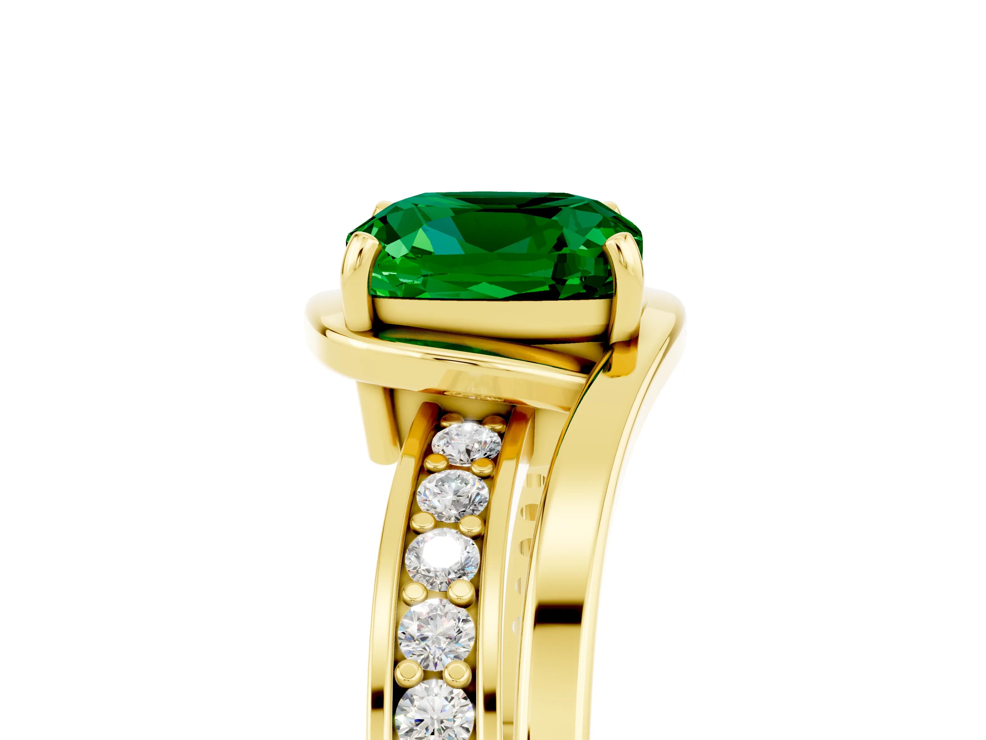 Yellow gold Cushion Cut Emerald Solitaire Ring with Split Shank and Prong Setting_5