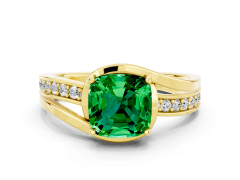 Yellow gold Cushion Cut Emerald Solitaire Ring with Split Shank and Prong Setting