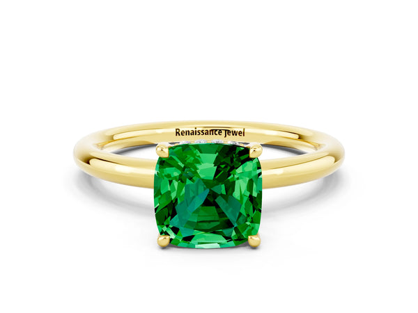 Yellow gold Cushion Cut Emerald Solitaire Ring with Thin Band and Four-Prong Setting