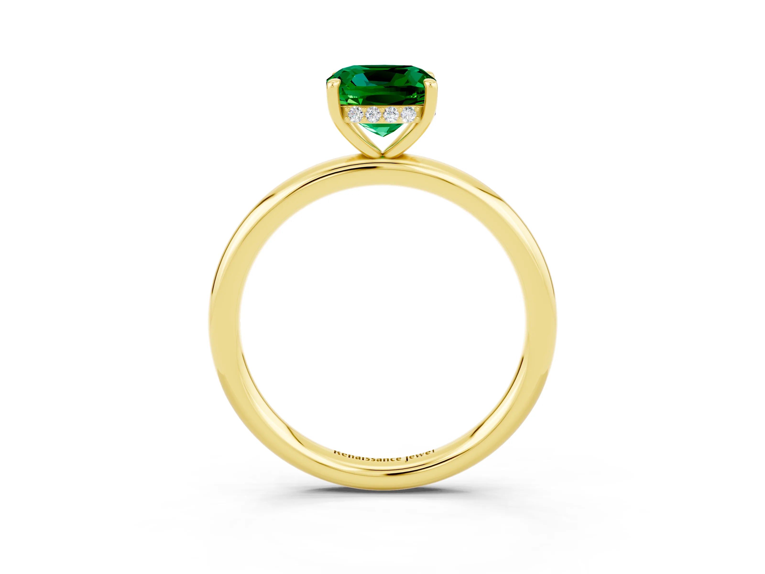 Yellow gold Cushion Cut Emerald Solitaire Ring with Thin Band and Four-Prong Setting_3