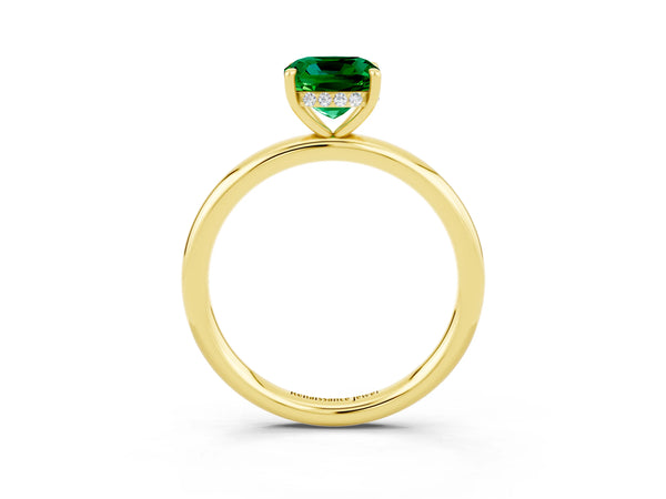 Yellow gold Cushion Cut Emerald Solitaire Ring with Thin Band and Four-Prong Setting