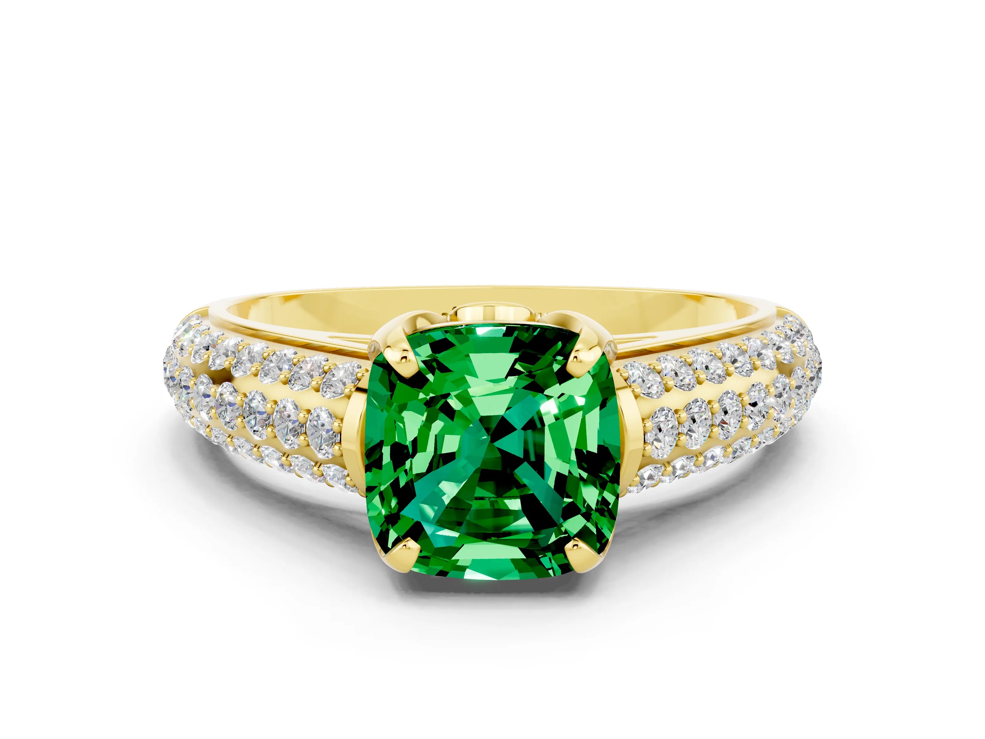 Yellow gold Cushion Cut Emerald Solitaire Ring with Three-Row Pavé Band and Four-Prong Setting_12