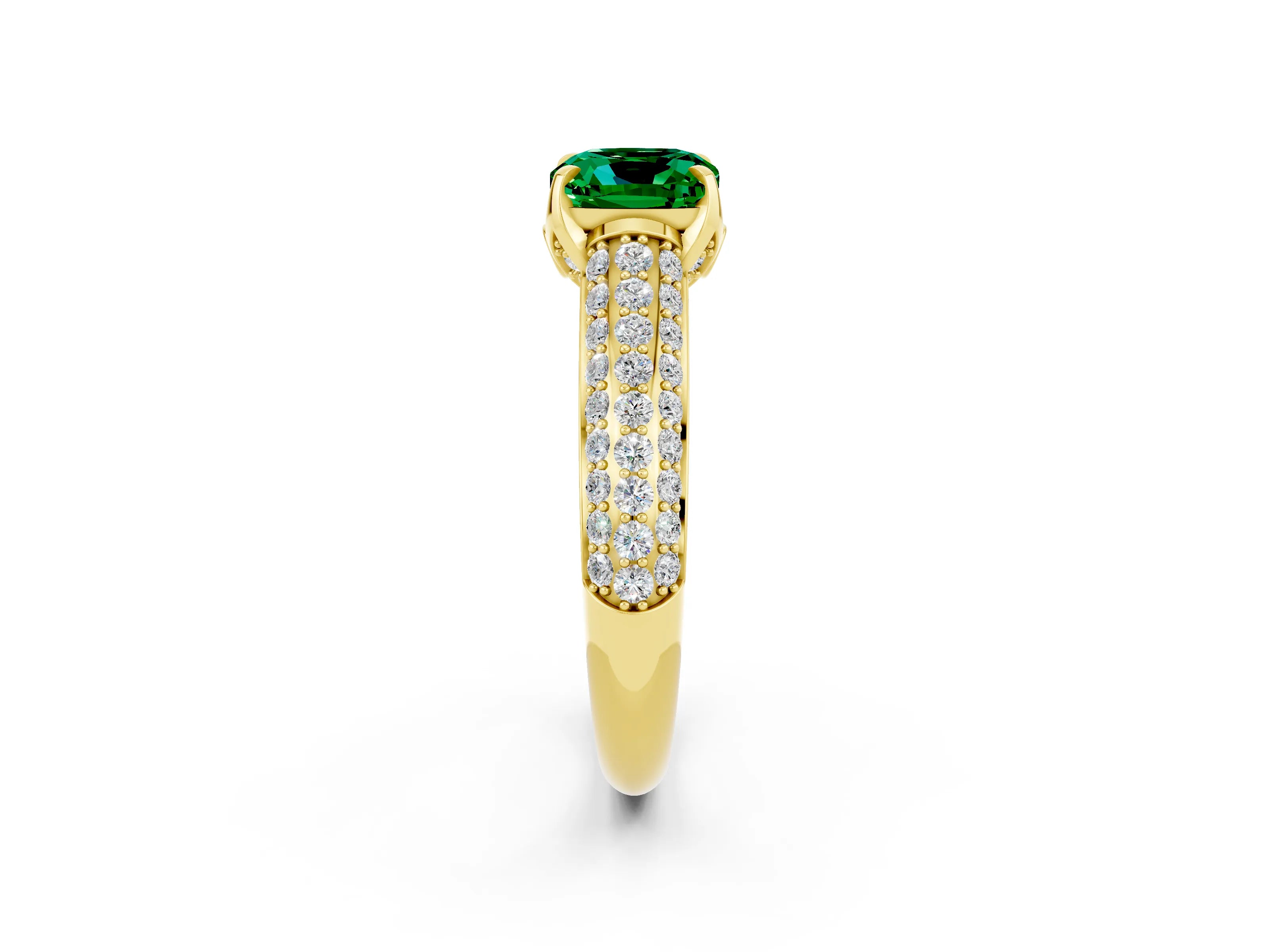 Yellow gold Cushion Cut Emerald Solitaire Ring with Three-Row Pavé Band and Four-Prong Setting_14