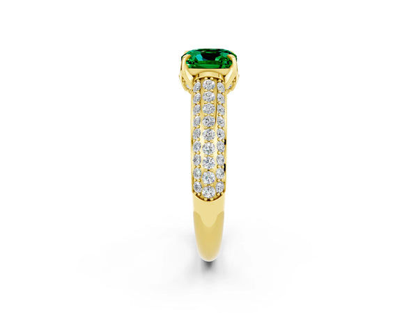 Yellow gold Cushion Cut Emerald Solitaire Ring with Three-Row Pavé Band and Four-Prong Setting