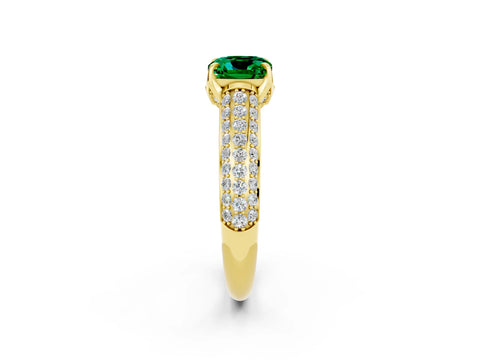 Yellow gold Cushion Cut Emerald Solitaire Ring with Three-Row Pavé Band and Four-Prong Setting_14